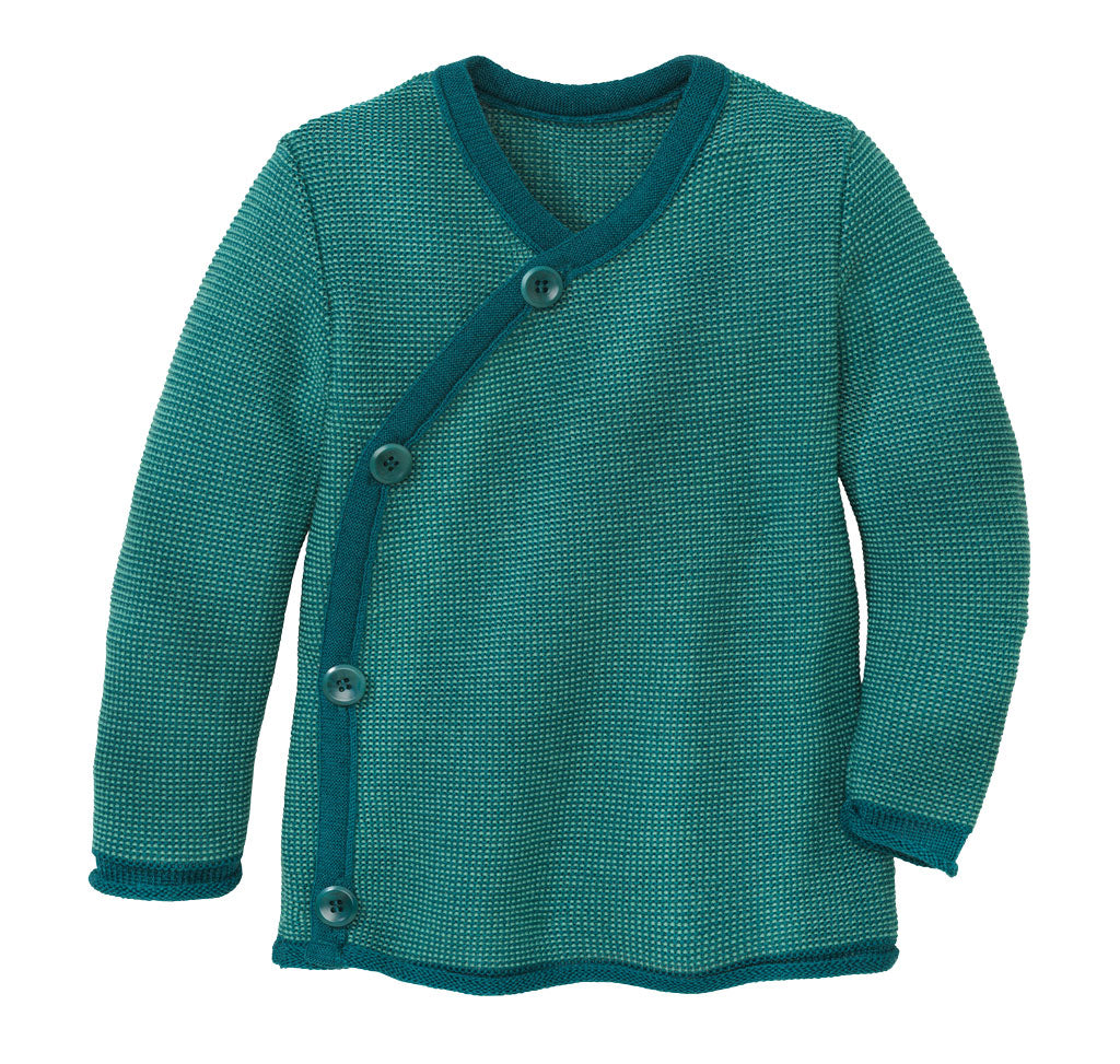 Maglioncino aperto a kimono in lana merino bio 0-3 anni // mélange pacific-mint